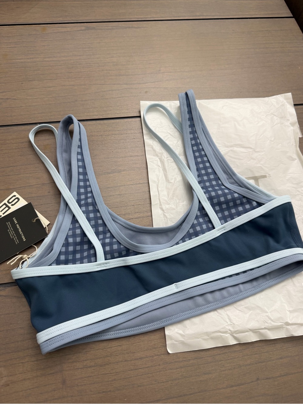 Set Active Luxform Lux Gingham Tempo Bra Blue Hammock Small BNWT Sold Out Gym - Picture 6 of 8